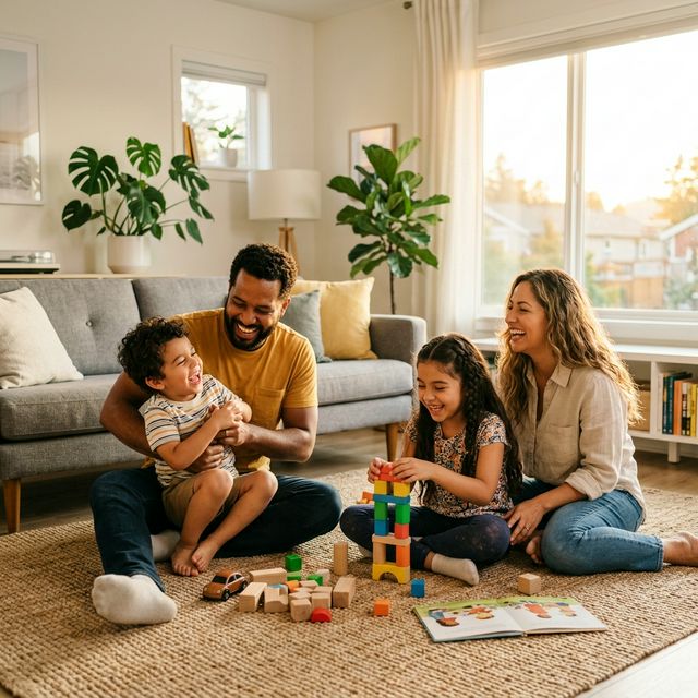 Familia feliz jugando junta con luz cálida de atardecer